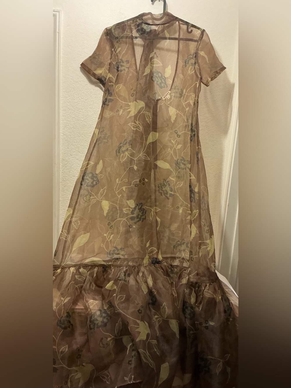 STAUD Sheer Floral Tiered Maxi Dress in Brown with Olive Slate Accents slip